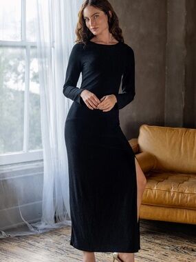 24/7 comfort apparel Fitted Long Sleeve Shimmery Fabric Side Slit Maxi Dress